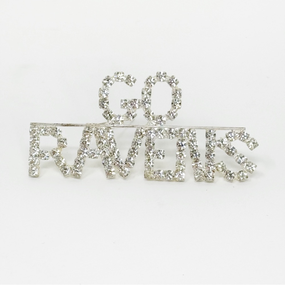 Vintage Clear Rhinestone Go Ravens Brooch